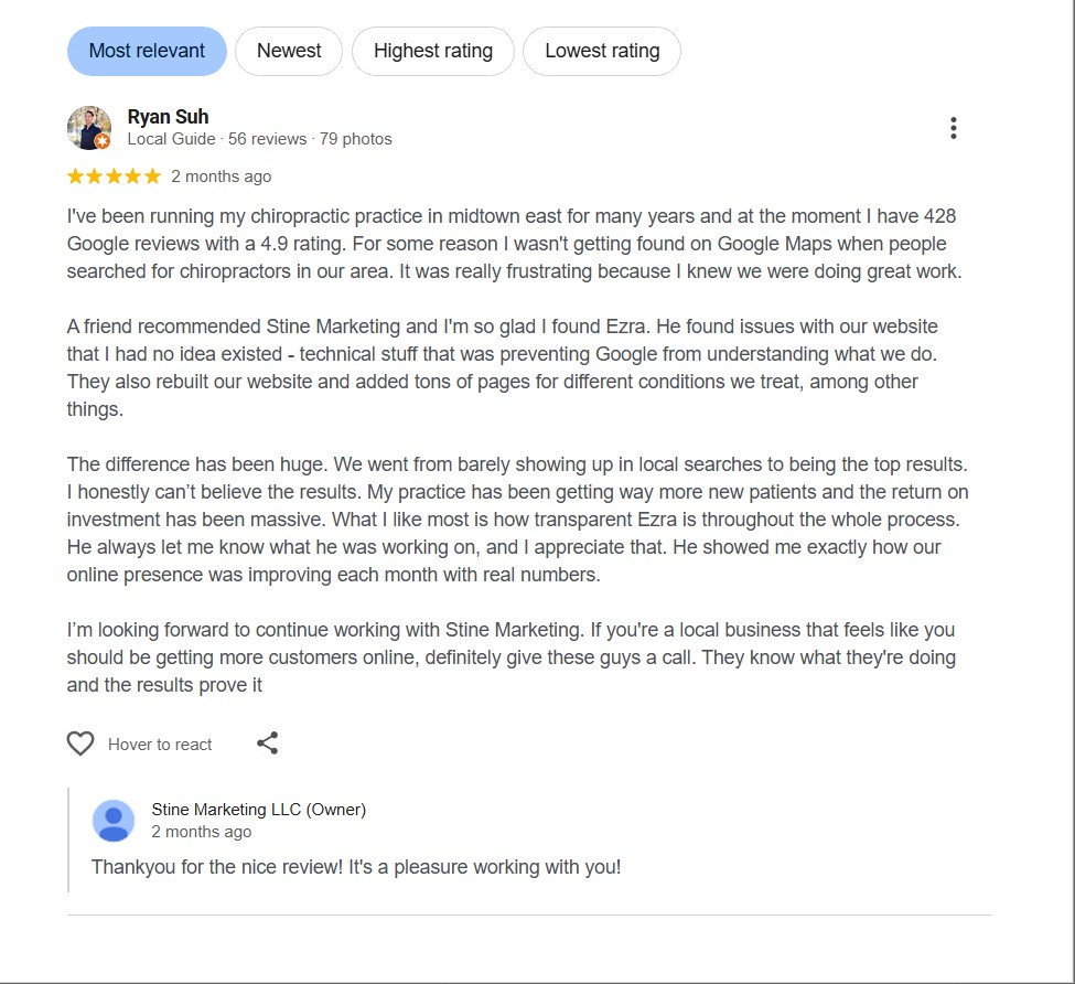Dr. Ryan Suh Google Review for Stine Marketing